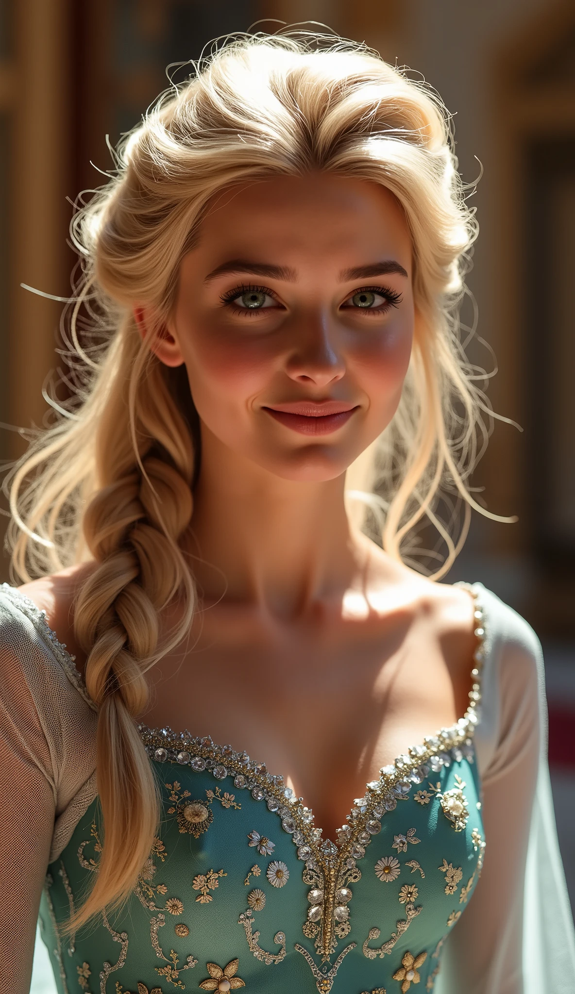 A stunning portrait of teenager Ivanka Trump as Elsa smiling , she is sexy , queen of arendelle, young and beautiful, hyper realistic, real portrait, backlit, exquisite features, cleavage, sexy, seductive, interior or an ornate castle ballroom with high ceilings, show skin, backlit with sun streaming through the window turning her hair golden