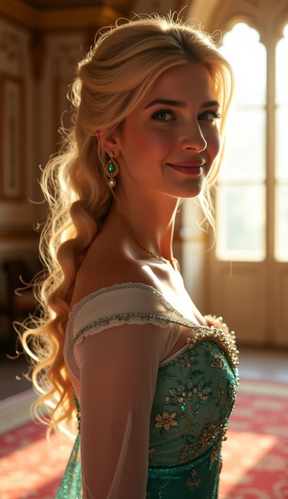 A stunning portrait of young teenager Ivanka Trump as Elsa smiling , she is sexy , queen of arendelle, young and beautiful, hyper realistic, real portrait, backlit, exquisite features, cleavage, sexy, seductive, interior or an ornate castle ballroom with high ceilings, show skin, backlit with sun streaming through the window turning her hair golden