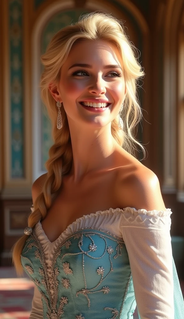 A stunning portrait of young ager Ivanka Trump as Elsa smiling , she is sexy , queen of arendelle, young and beautiful, hyper realistic, real portrait, backlit, exquisite features, cleavage, sexy, seductive, interior or an ornate castle ballroom with high ceilings, show skin, backlit with sun streaming through the window turning her hair golden