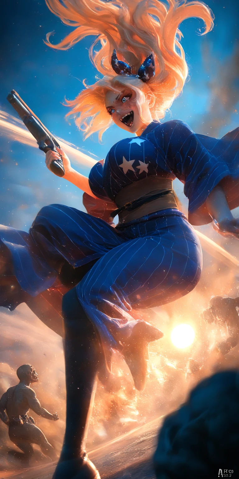 1girl\(american,(blonde),big hair ribbon,tatoo,(Freckles),(Muscular), big blue eyes,beautiful eyes,big breast,wearing beautiful yukata\(american flag\(Stars and stripes\) design\),holding shotgun, shooting, Grenades exploding, gun belts, wavy hair long hair,floating hair, (scar on face),open mouth,smile, sharp teeth, tongue, drinking Tequila by Bottle,dynamic action, dynamic angle,mad eyes\) at (kyoto japan), so many (zombie around), apocalips, dooms day,red black sun. BREAK .quality\(8k,wallpaper of extremely detailed CG unit, high resolution, top-quality, top-quality real texture skin, hyper realistic, increase the resolution, RAW photos, best quality, highly detailed, the wallpaper, golden ratio, high saturation realism, vibrant colors, dramatic lighting, persuasive storytelling, atmospheric scenery, captivating visuals, intricate details, strong emotions, dreamlike world\),dynamic angle,dutch angle,action movie,