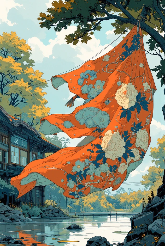 A Yukata shaped Flag made of Japanese Yukata with beautiful patterns is fluttering