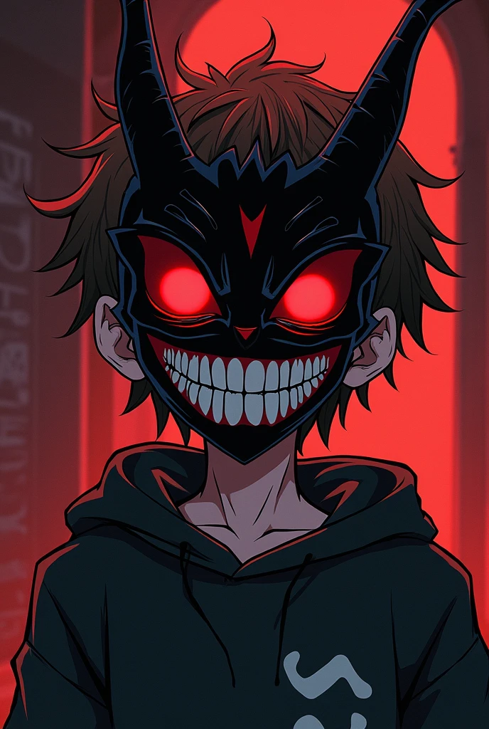 A boy wearing black jakat,looking , red tai,full face black mask on full face White eyes, mincraft theme, anime looking deadly on face some blood