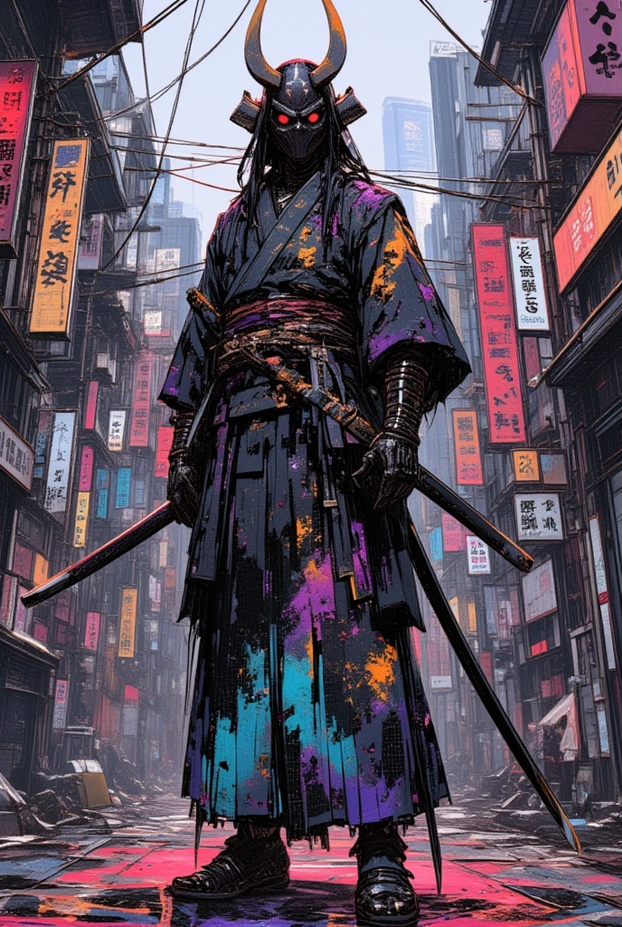 Samurai wearing a yukata and devil's mask,Japan sword in hand,And other items 々, dmt Death of Ego  ,    Exquisite Futuristic Art   , DMT Art,   DMT Egodes   ,   Dan Mumford and Alex Grey Style,    Psychedelic Transart   ,    Ultra Detailed Fantastic Art   , epic shamanic DMT Art,      Shamanism DMT Horror Art     ,    Visionary Art Style   ,    High Resolution Fantastic Art  ,Marauders After Death  、Simple, less-colored scheme ,The background is the city,