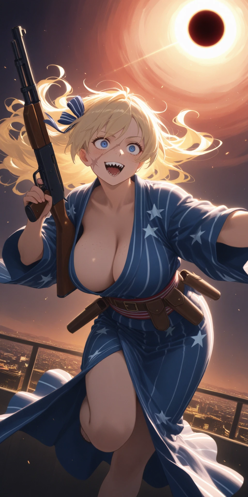 1girl\(american,(blonde),big hair ribbon,tatoo,(Freckles),(Muscular), big blue eyes,beautiful eyes,big breast,wearing beautiful yukata\(american flag\(Stars and stripes\) design\),holding shotgun, shooting, Grenades exploding, gun belts, wavy hair long hair,floating hair, (scar on face),open mouth,smile, sharp teeth, tongue, drinking Tequila by Bottle,dynamic action, dynamic angle,mad eyes\) at (kyoto japan), so many (zombie around), apocalips, dooms day,red black sun. BREAK .quality\(8k,wallpaper of extremely detailed CG unit, high resolution, top-quality, top-quality real texture skin, hyper realistic, increase the resolution, RAW photos, best quality, highly detailed, the wallpaper, golden ratio, high saturation realism, vibrant colors, dramatic lighting, persuasive storytelling, atmospheric scenery, captivating visuals, intricate details, strong emotions, dreamlike world\),dynamic angle,dutch angle,action movie, cityscape of kyoto