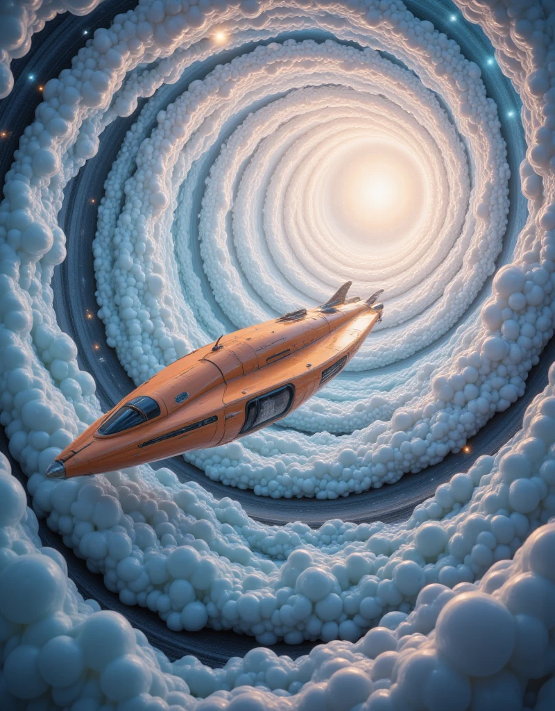 A minimalist futuristic orange spaceship, in smooth blue and white flowing waves with smooth peaks and layered gradients, constructed using space waves, landscape, painting by Moebius and Picasso