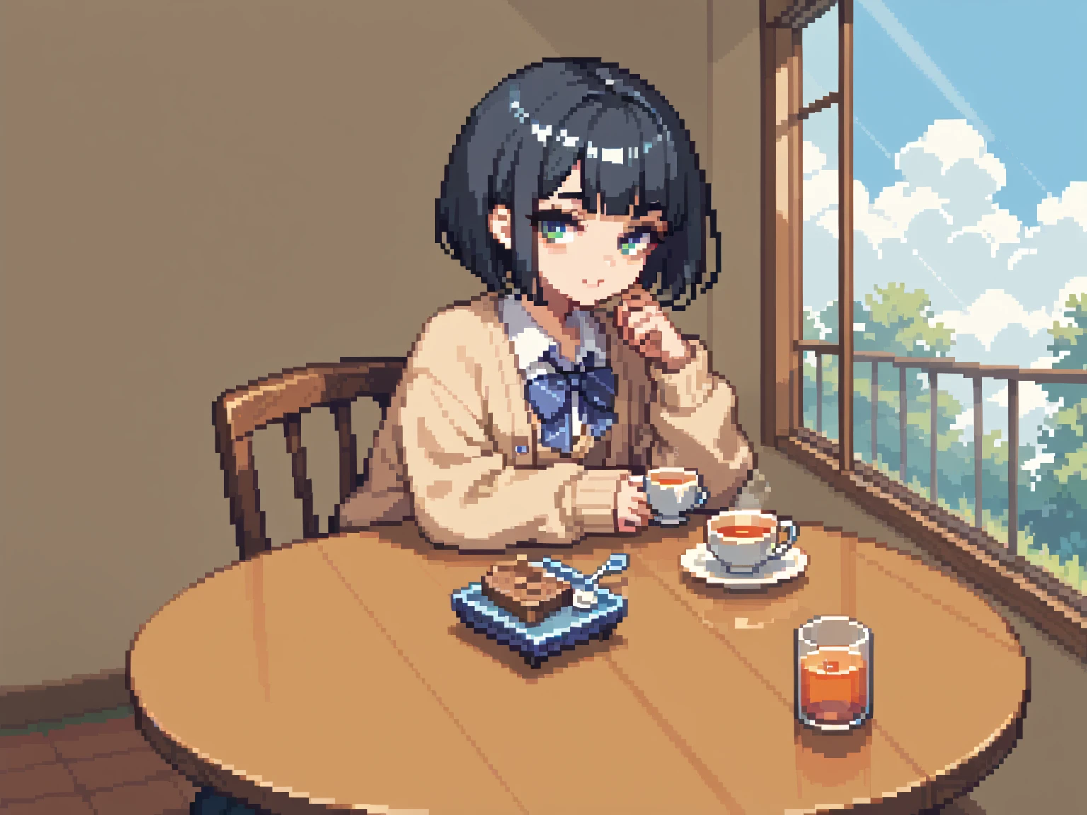  pixel art、solo,2D, beautiful illustration ,throw,tea shop,lounge,Sitting facing the Viewer on a square table, looking at viewer,School uniform, Cardigan,black hair ,blunt bangs,bob cut hair,bags、Sofa,Window、 big window, cool vibe