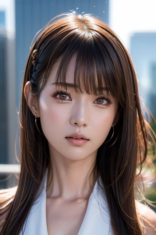 RAW photo, (best quality, 8k, 32k, masterpiece, UHD:1.2), ultra high resolution, (pretty a Korean teen girl of 13 years old), beautiful detailed eyes, long brown hair, bangs, (wearing magenta tank-top), large breasts, cleavage, portrait, (city boulevard on a sunny day:1.2), (detailed background:1.5)