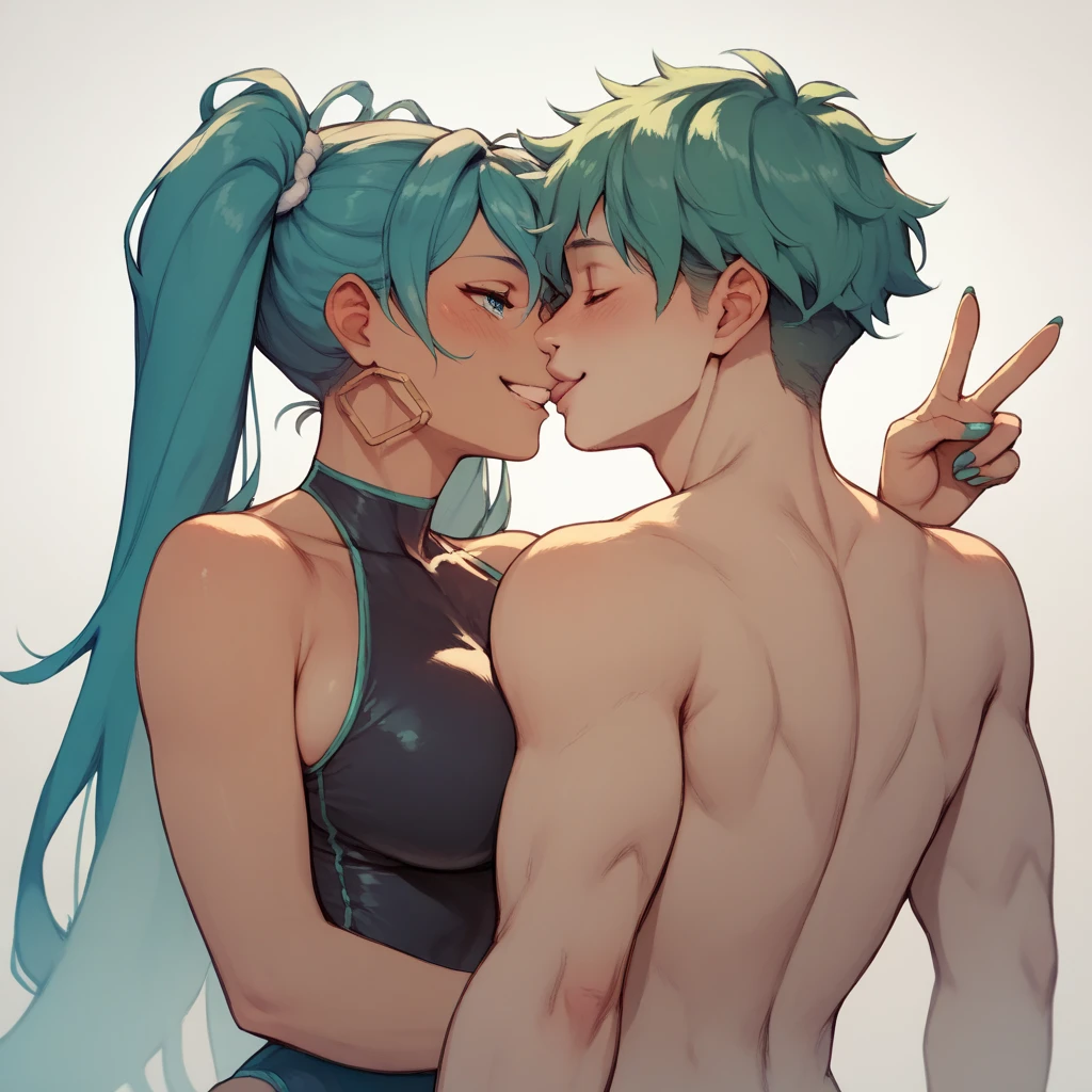 Brazilian Miku ,  in a black swimsuit with a remarkable tan and her soft aquamarine hair,  highlighting her curvy figure .  Full of Beauty while looking straight ahead with a flirty smile, throwing a kiss while making the sign of Peace and Love .