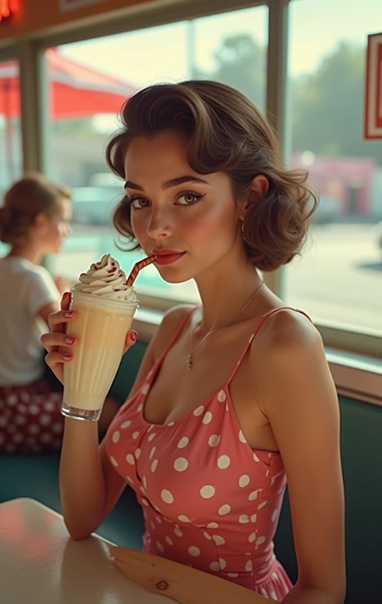 Create imaginative and amazing images demonstrating the style of ((Miscellaneous Academia)), A beautiful girl in a retro 1940s style low cut dress, sitting in a vibrant 1940s ice cream parlor, surrounded by classic desserts such as sundaes, milkshakes, and pastries, (best quality,4k,8k,highres,masterpiece:1.2),ultra-detailed,(realistic,photorealistic,photo-realistic:1.37),highly detailed face and eyes, beautiful detailed lips, extremely detailed skin, detailed 1950s style dress, intricate ice cream parlor interior with classic decor,colorful and vibrant 1940s palette,soft studio lighting,detailed reflections,detailed textures,photorealistic,cinematic composition