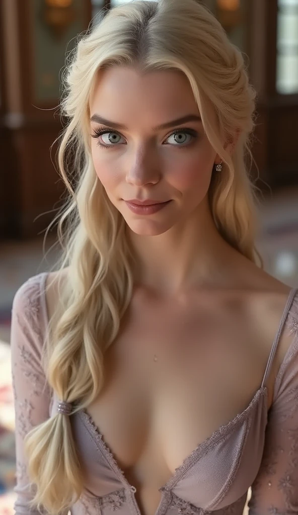 Elsa, (perky breasts), (((small breasts))), smirk:1.2, beautiful blue eyes, (perfect iris’s), depth of colour to her eyes, blonde hair, long hair, braid, full lips, blush, naked, she is showing her vagina, depth of field, bokeh, (special attention to skin detail: 1.2), masterpiece, best quality, ultra-detailed, ultra-HD, photorealistic, cinematic, ((mid camera shot)), sensual pose, alluring, nipples:1.4, looking at camera, closeup on her face, her cheeks are blushed, 2, she is on her knees, eye contact:1.4, high angle:1.5, ((closeup on face)), perfect face, (((visible breasts))) bokeh everything other than her perfect face, location is castle interior, lavish, ornate, backlit with sunshine