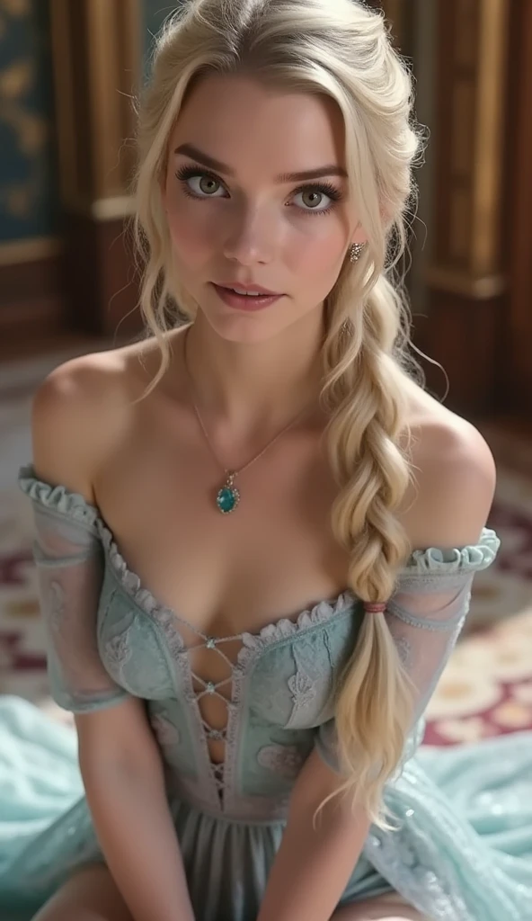 Elsa, (perky breasts), (((small breasts))), smirk:1.2, beautiful blue eyes, (perfect iris’s), depth of colour to her eyes, blonde hair, long hair, braid, full lips, blush, naked, she is showing her vagina, depth of field, bokeh, (special attention to skin detail: 1.2), masterpiece, best quality, ultra-detailed, ultra-HD, photorealistic, cinematic, ((mid camera shot)), sensual pose, alluring, nipples:1.4, looking at camera, closeup on her face, her cheeks are blushed, 2, she is on her knees, eye contact:1.4, high angle:1.5, ((closeup on face)), perfect face, (((visible breasts))) bokeh everything other than her perfect face, location is castle interior, lavish, ornate, backlit with sunshine