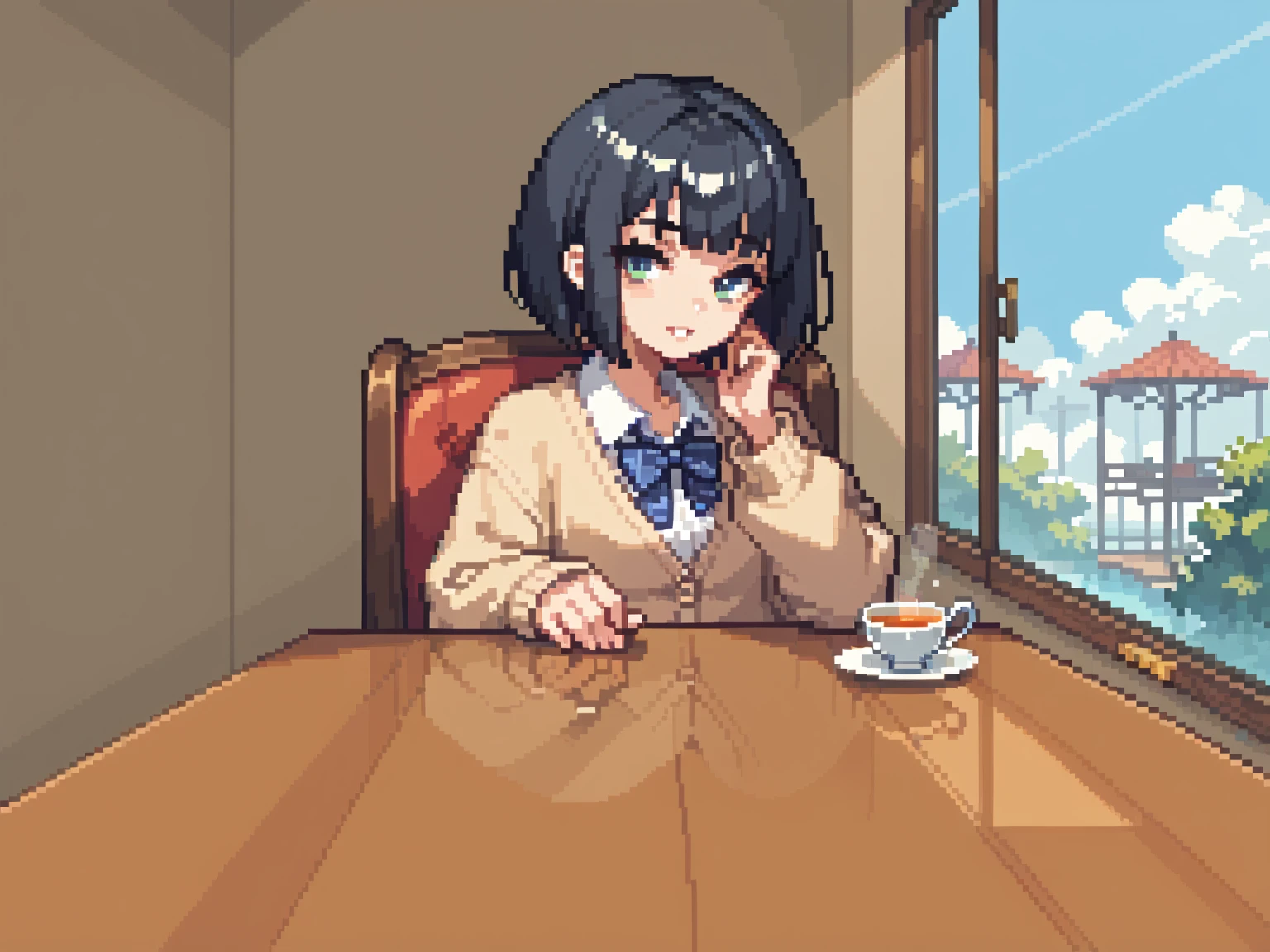  pixel art、solo,2D, beautiful illustration ,throw,tea shop,lounge,Sitting facing the Viewer on a square table, looking at viewer,School uniform, Cardigan,black hair ,blunt bangs,bob cut hair,bags、Sofa,Window、 big window, cool vibe