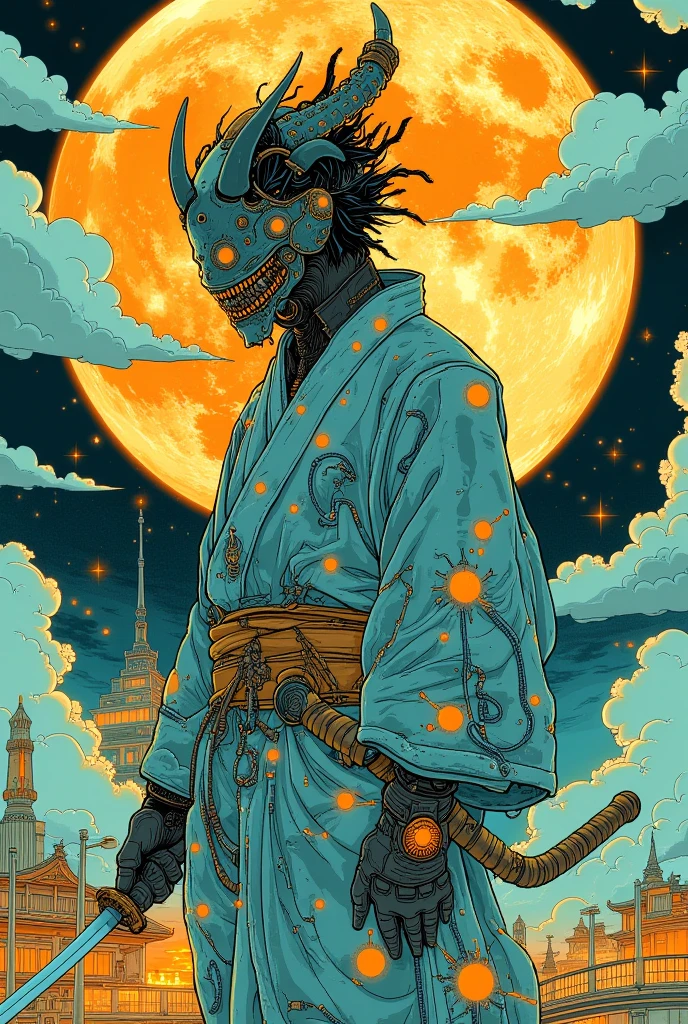 Samurai wearing a yukata and devil's mask,Japan sword in hand,And other items 々, dmt Death of Ego  ,    Exquisite Futuristic Art   , DMT Art,   DMT Egodes   ,   Dan Mumford and Alex Grey Style,    Psychedelic Transart   ,    Ultra Detailed Fantastic Art   , epic shamanic DMT Art,      Shamanism DMT Horror Art     ,    Visionary Art Style   ,    High Resolution Fantastic Art  ,Marauders After Death  、Simple, less-colored scheme ,The background is the city,