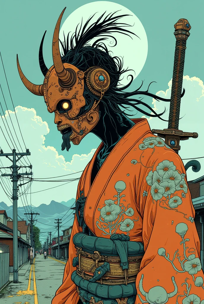 Samurai wearing a yukata and devil's mask,Japan sword in hand,And other items 々, dmt Death of Ego  ,    Exquisite Futuristic Art   , DMT Art,   DMT Egodes   ,   Dan Mumford and Alex Grey Style,    Psychedelic Transart   ,    Ultra Detailed Fantastic Art   , epic shamanic DMT Art,      Shamanism DMT Horror Art     ,    Visionary Art Style   ,    High Resolution Fantastic Art  ,Marauders After Death  、Simple, less-colored scheme ,The background is the city,