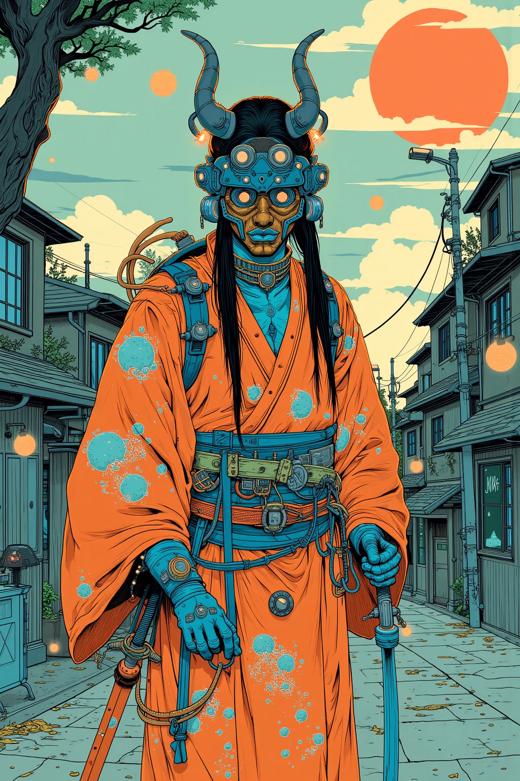 Samurai wearing a yukata and devil's mask,Japan sword in hand,And other items 々, dmt Death of Ego  ,    Exquisite Futuristic Art   , DMT Art,   DMT Egodes   ,   Dan Mumford and Alex Grey Style,    Psychedelic Transart   ,    Ultra Detailed Fantastic Art   , epic shamanic DMT Art,      Shamanism DMT Horror Art     ,    Visionary Art Style   ,    High Resolution Fantastic Art  ,Marauders After Death  、Simple, less-colored scheme ,The background is the city,