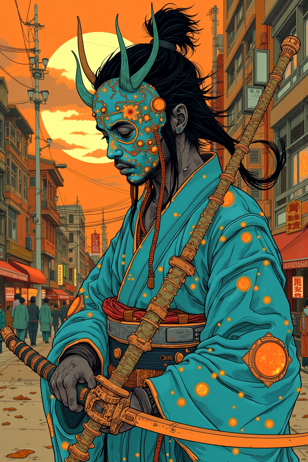 Samurai wearing a yukata and devil's mask,Japan sword in hand,And other items 々, dmt Death of Ego  ,    Exquisite Futuristic Art   , DMT Art,   DMT Egodes   ,   Dan Mumford and Alex Grey Style,    Psychedelic Transart   ,    Ultra Detailed Fantastic Art   , epic shamanic DMT Art,      Shamanism DMT Horror Art     ,    Visionary Art Style   ,    High Resolution Fantastic Art  ,Marauders After Death  、Simple, less-colored scheme ,The background is the city,