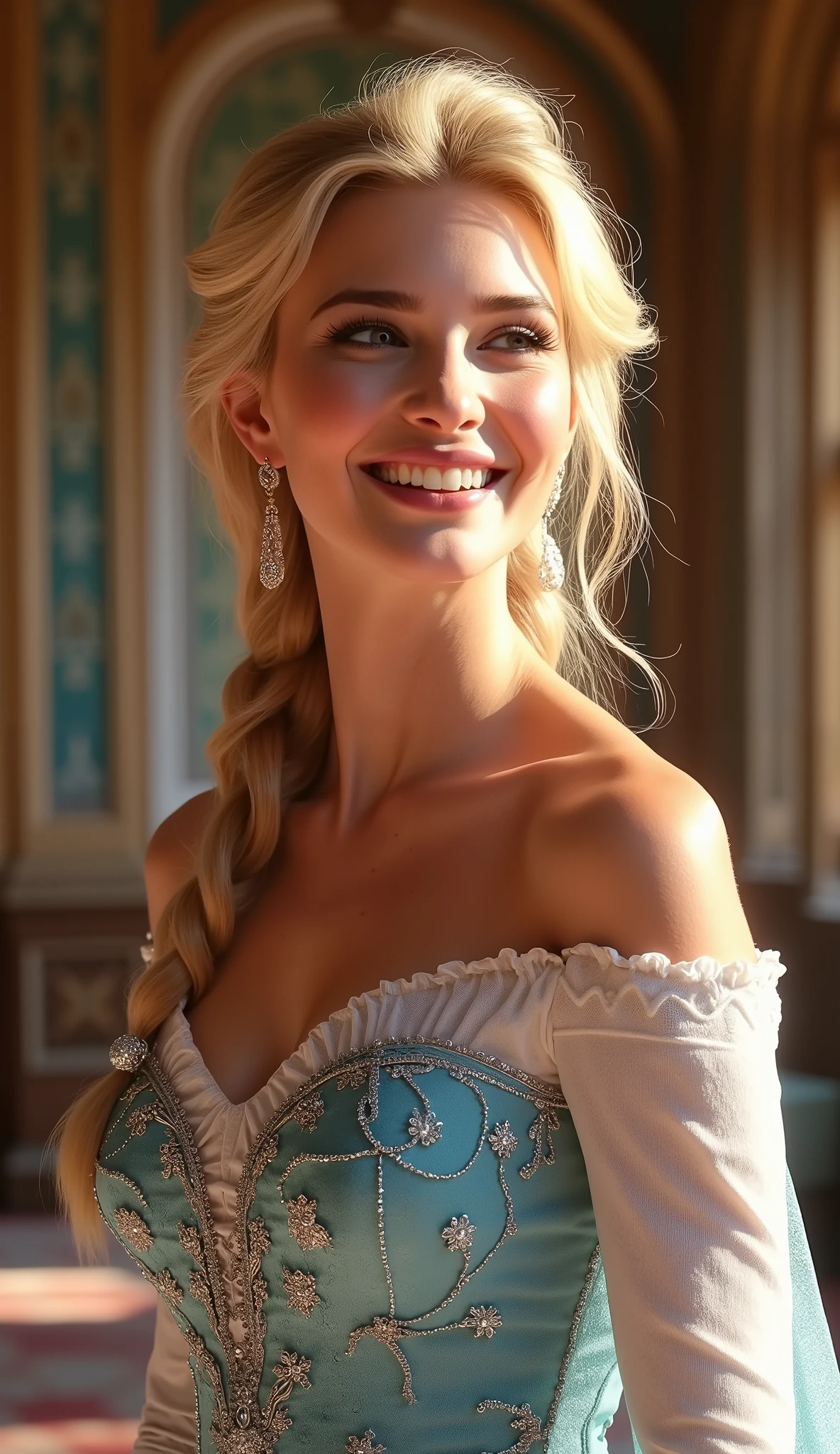 A stunning portrait of young teenager Ivanka Trump as Elsa smiling , she is sexy , queen of arendelle, young and beautiful, hyper realistic, real portrait, backlit, exquisite features, cleavage, sexy, seductive, interior or an ornate castle ballroom with high ceilings, show skin, backlit with sun streaming through the window turning her hair golden