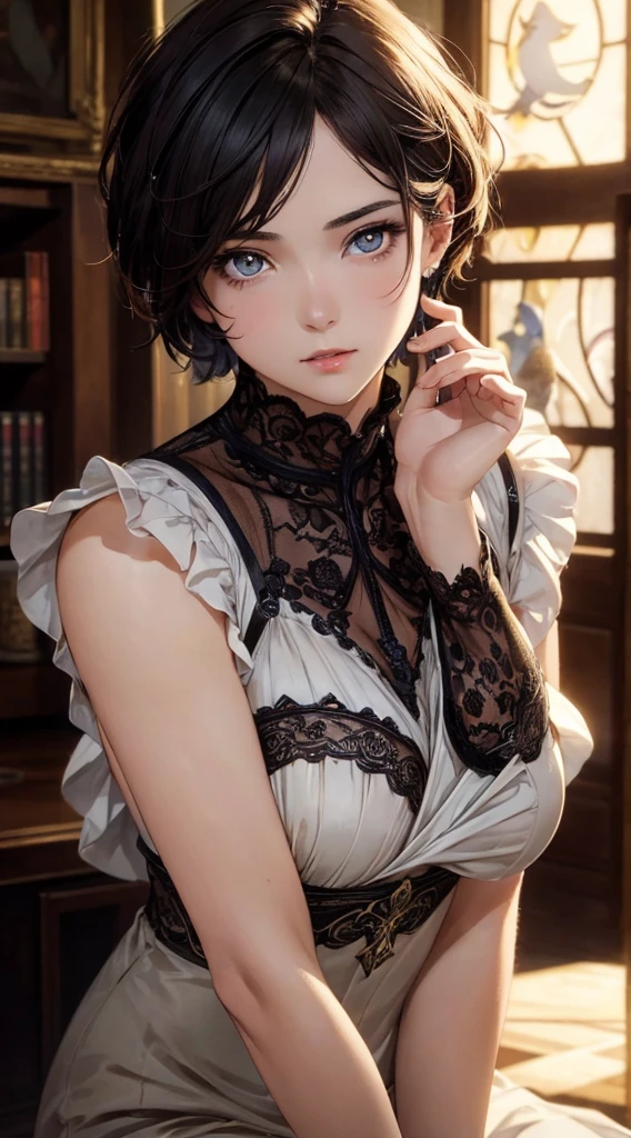 ((wallpaper 8k)), ((surreal)), ((Quality with attention to detail:1.2)), 1 girl, １４talent、kind eyes、plump lips、ash gray hair、An ennui look、(((small breasts、small breasts、areola:1.1、nipple)))、black classy dress,black capelet, look up, widespread poverty, short cut hair、short hair twin tails、ash gray hair:1.5、white skin、