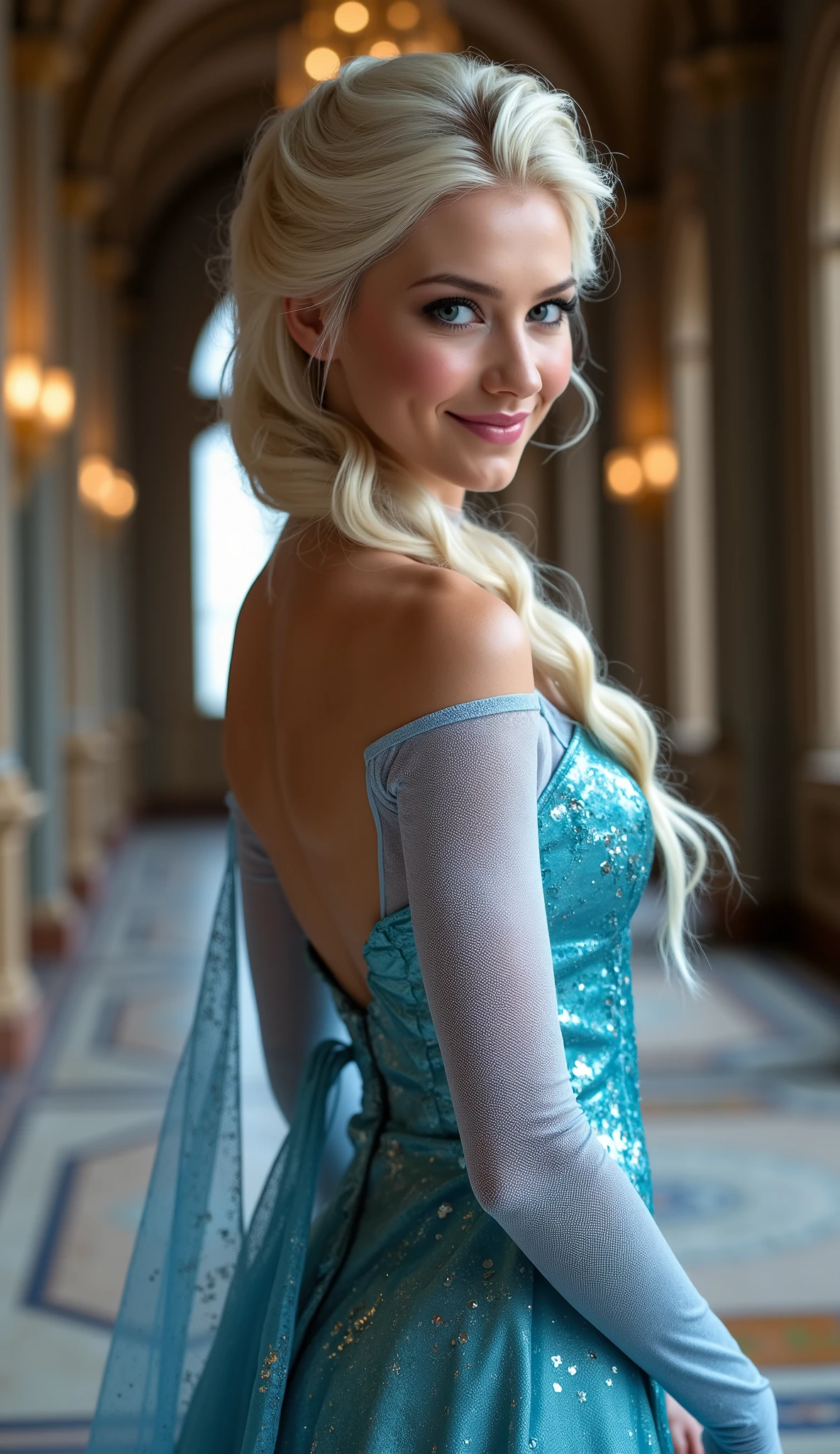 A stunning low angle rear view portrait of Anna Kournikova as Elsa smiling , she is sexy , queen of arendelle, young and beautiful, hyper realistic, real portrait, backlit, exquisite features, cleavage, sexy, seductive, interior or an ornate castle ballroom with high ceilings, show skin, blue eyes, exposed bum