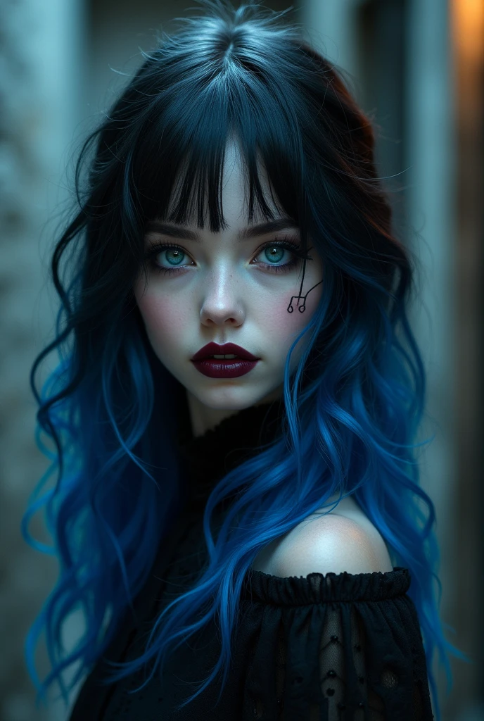Young woman, Blue long wavy hair .Excellent characteristics, very beautiful, vampire, Warm gaze, Expression of love, looking off to the side, Gothic dress, Blue Eyes, Lots of bats .Delete the three dots in the upper right corner of the bat, (best quality,16K,high resolution,masterpiece:1.2),Extremely detailed,(Practical,photoPractical,photo-Practical:1.37), HDR, Ultra HD, Studio Lighting, Extremely detailed的描述, professional, Bright colors, Bokeh, portrait, Orange color palette, Atmospheric lighting