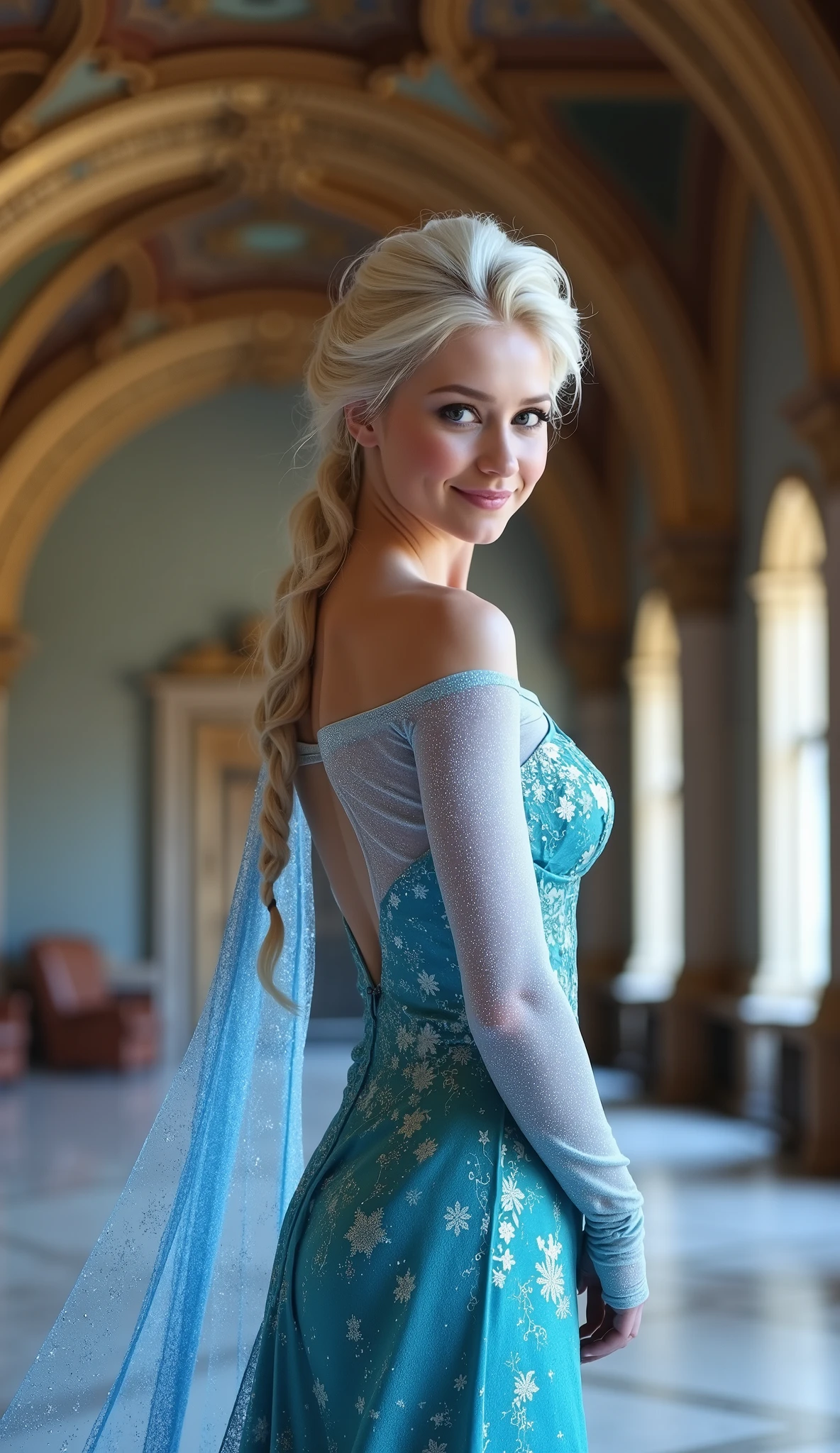 A stunning low angle rear view portrait of Anna Kournikova as Elsa smiling , she is sexy , queen of arendelle, young and beautiful, hyper realistic, real portrait, backlit, exquisite features, cleavage, sexy, seductive, interior or an ornate castle ballroom with high ceilings, show skin, blue eyes, exposed bum