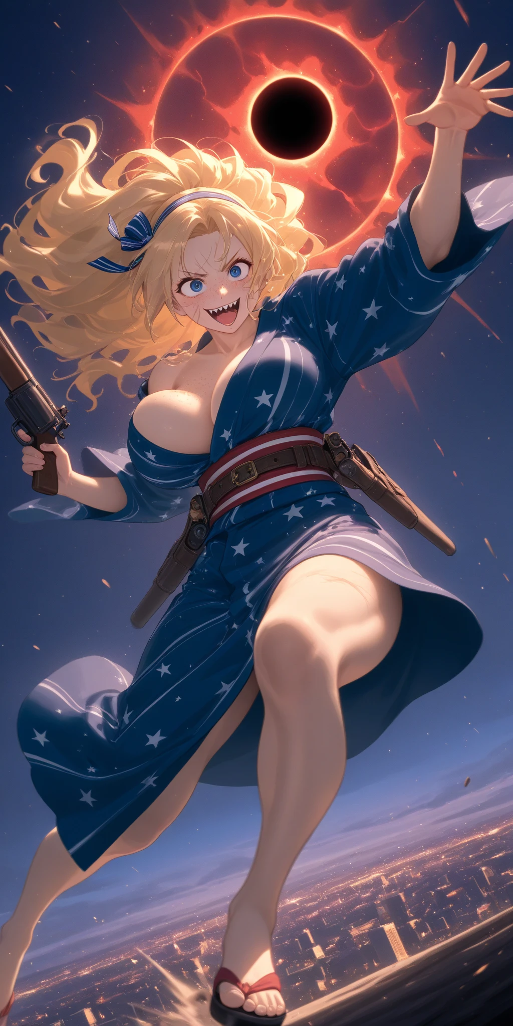 1girl\(american,(blonde),big hair ribbon,tatoo,(Freckles),(Muscular), big blue eyes,beautiful eyes,big breast,wearing beautiful yukata\(american flag\(Stars and stripes\) design\),holding shotgun, shooting, Grenades exploding, gun belts, wavy hair long hair,floating hair, (scar on face),open mouth,smile, sharp teeth, tongue, drinking Tequila by Bottle,dynamic action, dynamic angle,mad eyes\) at (kyoto japan), so many (zombie around), apocalips, dooms day,red black sun. BREAK .quality\(8k,wallpaper of extremely detailed CG unit, high resolution, top-quality, top-quality real texture skin, hyper realistic, increase the resolution, RAW photos, best quality, highly detailed, the wallpaper, golden ratio, high saturation realism, vibrant colors, dramatic lighting, persuasive storytelling, atmospheric scenery, captivating visuals, intricate details, strong emotions, dreamlike world\),dynamic angle,(dutch angle),action movie, (cityscape of kyoto)