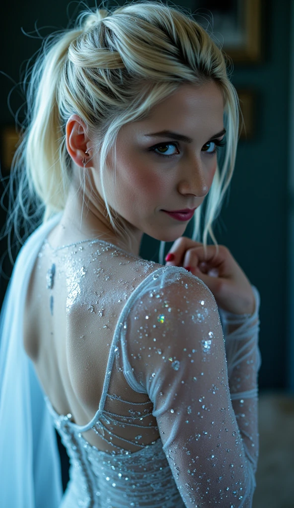 A stunning portrait of Elsa, young and beautiful, hyper realistic, real portrait, backlit, exquisite features, cleavage:1.2, Upper body, Crystal-encrusted Human swedish girl, straddling, The white skin is inlaid with transparent crystal, ((lens)), The structure is made of crystals, Hourglass body, (((slim body))), sexy, (full bottom black), bioluminescent tattoos, cinematic lighting, ((intricate details, Masterpiece, Best quality)). invisible fabric, visible vagina, visible nipples:1.3