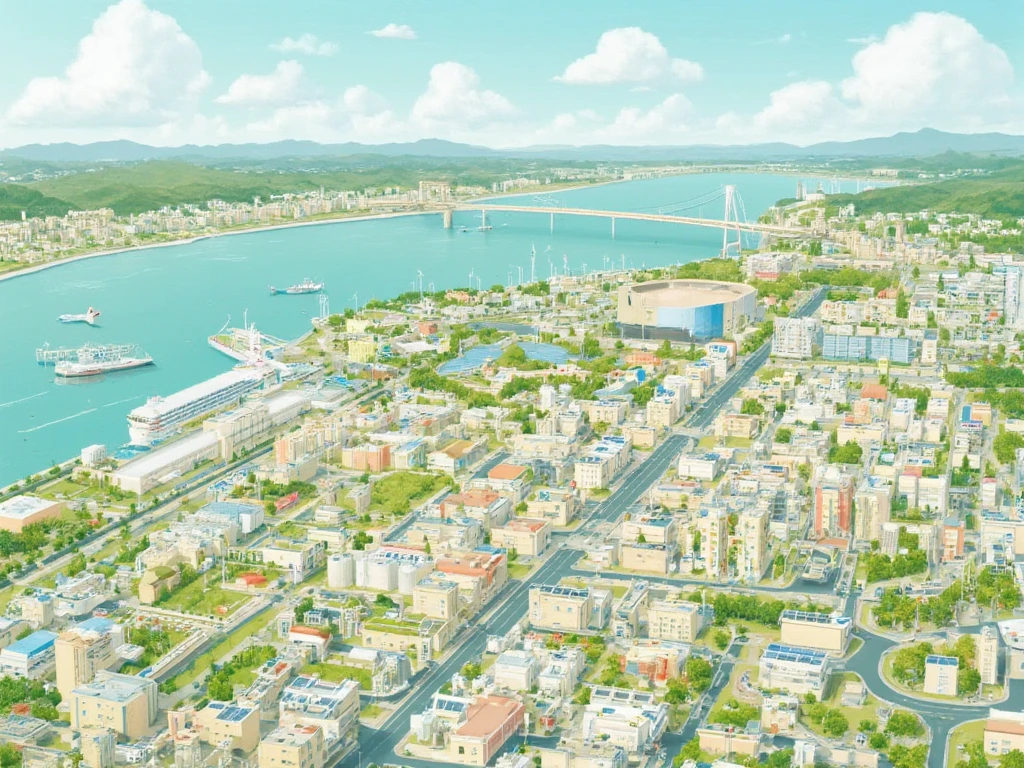 A vibrant, isometric, city map of Kobe, Japan. A light, cheerful, and slightly impressionistic style. A mix of residential buildings, commercial structures, and industrial facilities. Bright, light blue sky with scattered white clouds. A large body of water, light teal-blue, that curves along the city's edge (representing the Seto Inland Sea). Various transportation elements are present, including a bridge, trains (possibly a monorail), buses, cars and trucks. Multiple parks, playgrounds, and open green spaces are interspersed throughout. The buildings are designed in a way that emphasizes flat, clean lines and are stylized with a light color palette mainly of muted beige-white for buildings and light greens for the vegetation, with some buildings having distinct roofs and solar panels. There are wind turbines. A cruise ship is docked as well as various factories/industrial buildings with solar panels. A large stadium/arena is also included. A modern cityscape interspersed with a more suburban residential area. The image evokes a sense of calm, urban development, well-integrated environmentally-friendly technologies, and a general sense of prosperity. The colours are pastel and bright, contrasting nicely with the pale blue sky. A light warm day with soft, diffused light. A plane in the sky and the shadows of structures are visible.