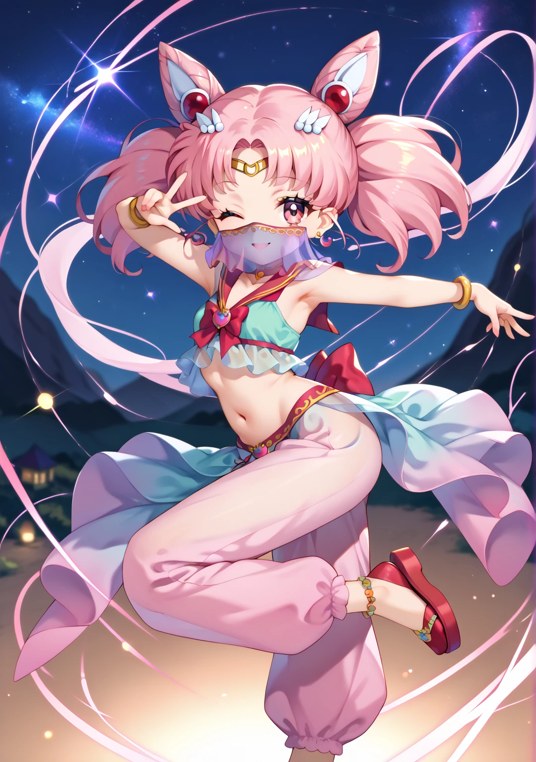 Sailor Chibimoon XL,chibi usa, aacusa,chibiusa, adult lady, from side, belly dancing, (mouth veil,) pink eyes, pink hair, short hair, parted bangs, twintails, cone hair bun, double bun, hair ornament,  circlet,  bow, brooch, choker, earrings, (naked harem pants, translucent bulging harem pants, Pastel green negligee, front open thin negligee,) raised arm, red sandal, twisted torso, looking back at viewer, knee up, standing on one leg, (wink, happy, light smile, ) , darknight, bonfire, lit by red light, desolate rocky mountain, starry sky