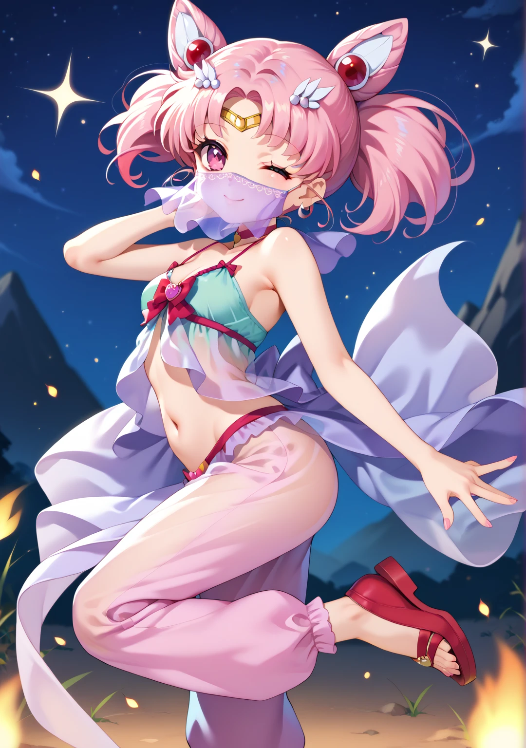 Sailor Chibimoon XL,chibi usa, aacusa,chibiusa, adult lady, from side, belly dancing, (mouth veil,) pink eyes, pink hair, short hair, parted bangs, twintails, cone hair bun, double bun, hair ornament,  circlet,  bow, brooch, choker, earrings, (naked harem pants, translucent bulging harem pants, Pastel green negligee, front open thin negligee,) raised arm, red sandal, twisted torso, looking back at viewer, knee up, standing on one leg, (wink, happy, light smile, ) , darknight, bonfire, lit by red light, desolate rocky mountain, starry sky