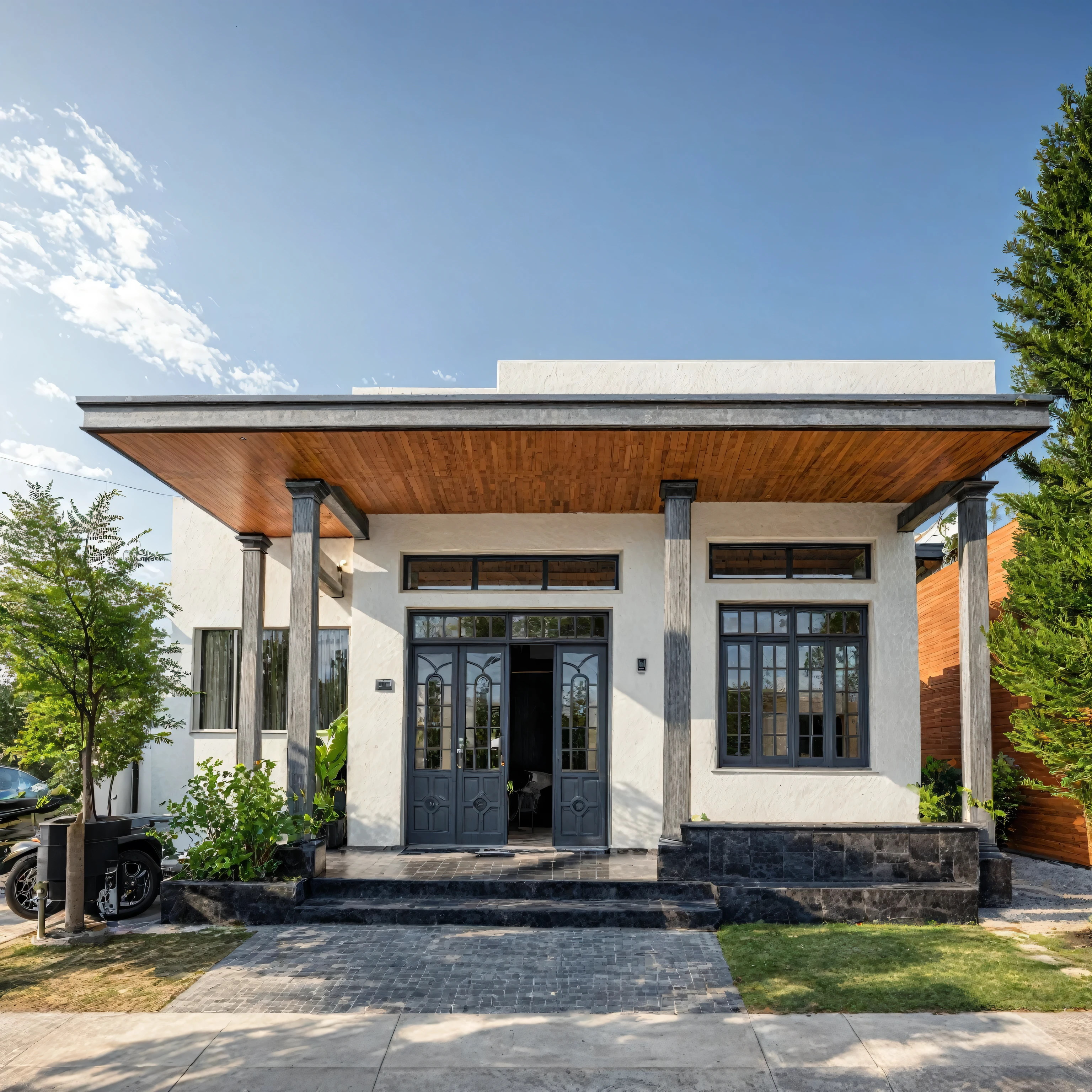 (masterpiece:1.2), best quality, photo of A two-story modern house with white walls and dark gray tiles on the roof., tree and plant, streetcapes, natural light, The exterior of an elegant single family home features large windows, ((a dark gray door frame)).