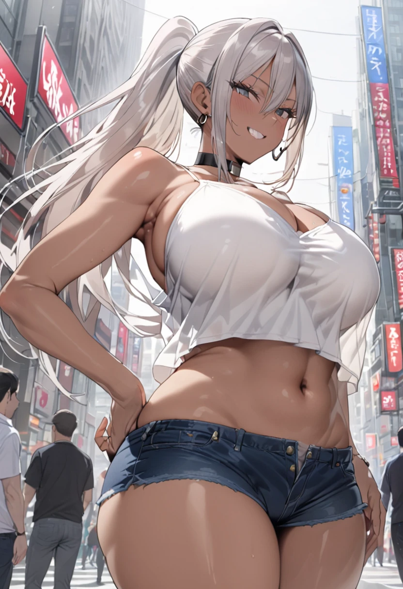     detailed face    ,     detailed body rendering   ,   Alone、  masterpiece ,     High Quality    , 8k,     hoop earrings    ,    is written by,    thigh thickness , shiny skin,SKINNING    ,{{{{{    game cg}}}}},, 最    High Quality    ,     High Quality   ,     very sophisticated , Silver Hair,( camisole),(micro shorts),(denim shorts),grin,In the city,Big Breasts, thick thighs, shiny skin, Midriff Peak,(((dark skin:1.3))),引き締まった体, choker , ponytail