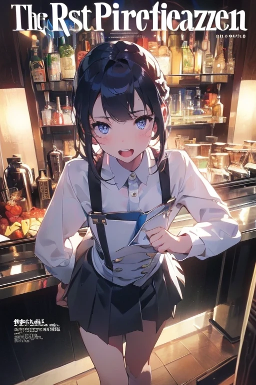 masterpiece, best quality, very aesthetic, absurdres, newest, 1girl, solo, shirt, black hair, holding a bottle, white shirt, female focus, necktie, collared shirt, indoors, blurry, book, window, blurry background, bottle, sleeves rolled up, blue necktie,