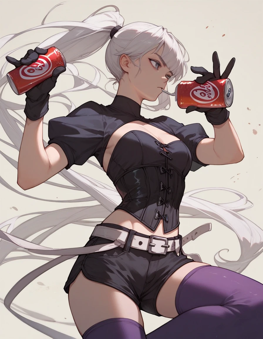 attractive young woman, slender build, long white hair in ponytail, bangs. wearing corset , black tight shorts, loose belt, purple thigh high stockings, katanas on waist, gloves, sexy dynamic pose, holding a can of soda