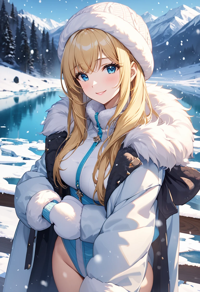  girl ,  blonde hair ,  sexy, Charming,  dressed in a Warm Fur Coat ,  winter hat, mittens, background snowy valley , It&#39;s snowing,  Beautiful Ice Lake,  complex , (( masterpiece fails)), 8 k,  better quality ,  Perfect anatomy , smile,