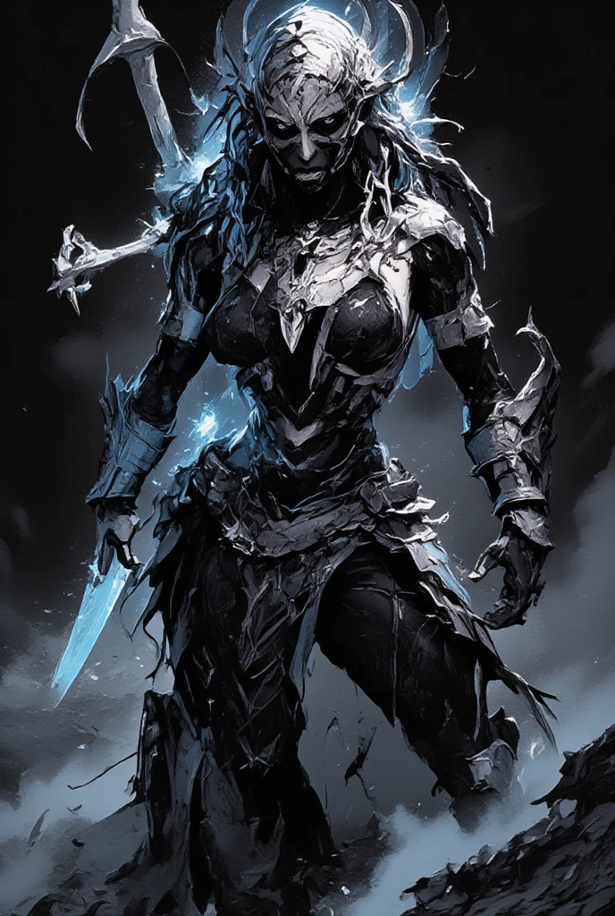 Muscular sexy African female warrior, flame dreadlocks, skull face mask, spooky thorn like armor on one hand, wielding a bone sword