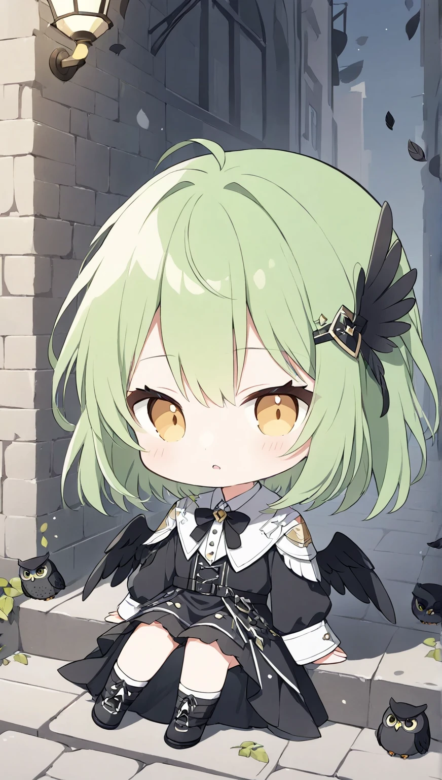 Vector art、:0.5), green hair sitting on alley steps 、cuteFallen Angel Costume、((Fallen Angel)),Tattered Black Feather,Black feather hairpin,((squint)),teeth,cute,Black feathers scattered,  owl under guard， beautiful background 