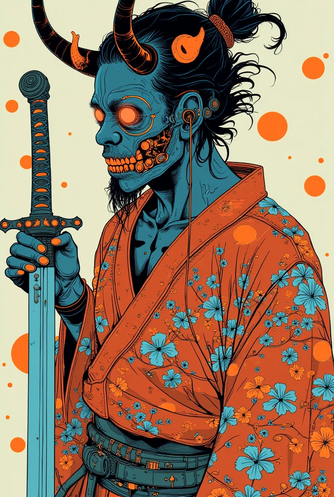 Samurai wearing a yukata and devil's mask,Japan sword in hand,And other items 々, dmt Death of Ego  ,    Exquisite Futuristic Art   , DMT Art,   DMT Egodes   ,   Dan Mumford and Alex Grey Style,    Psychedelic Transart   ,    Ultra Detailed Fantastic Art   , epic shamanic DMT Art,      Shamanism DMT Horror Art     ,    Visionary Art Style   ,    High Resolution Fantastic Art  ,Marauders After Death  、Simple, less-colored scheme ,The background is the city,