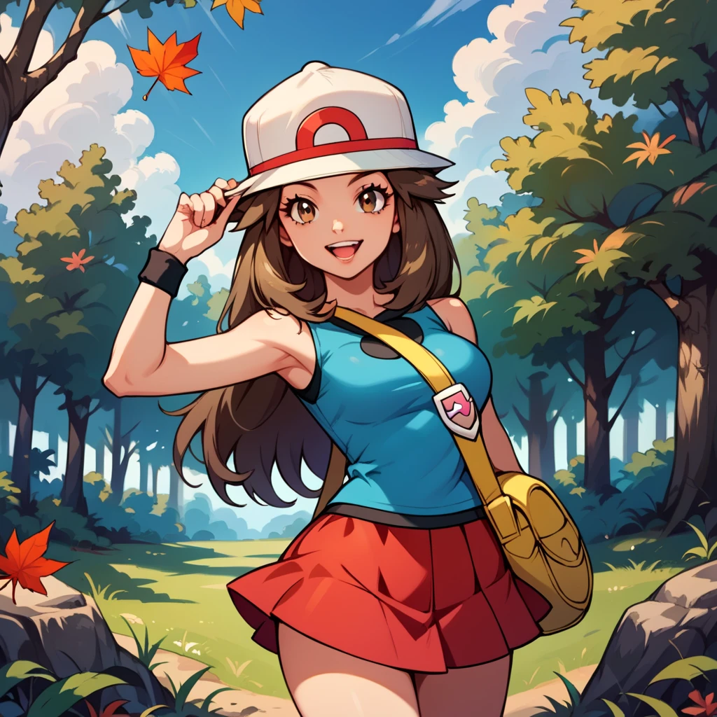 score_9, score_8_up, score_7_up, score_6_up, best quality, source_anime, cel shading, flat color, vector, detailed background, blue background, clouds, trees, forest, BREAK 1girl, solo, leaf_(\pokemon\), brown hair, long hair, brown eyes, white hat, blue sleeveless shirt, red skirt, blue socks, yellow duffle bag, wristbands, medium breasts, cowboy shot, looking at viewer, smile, open mouth, teeth, one hand on hat, 