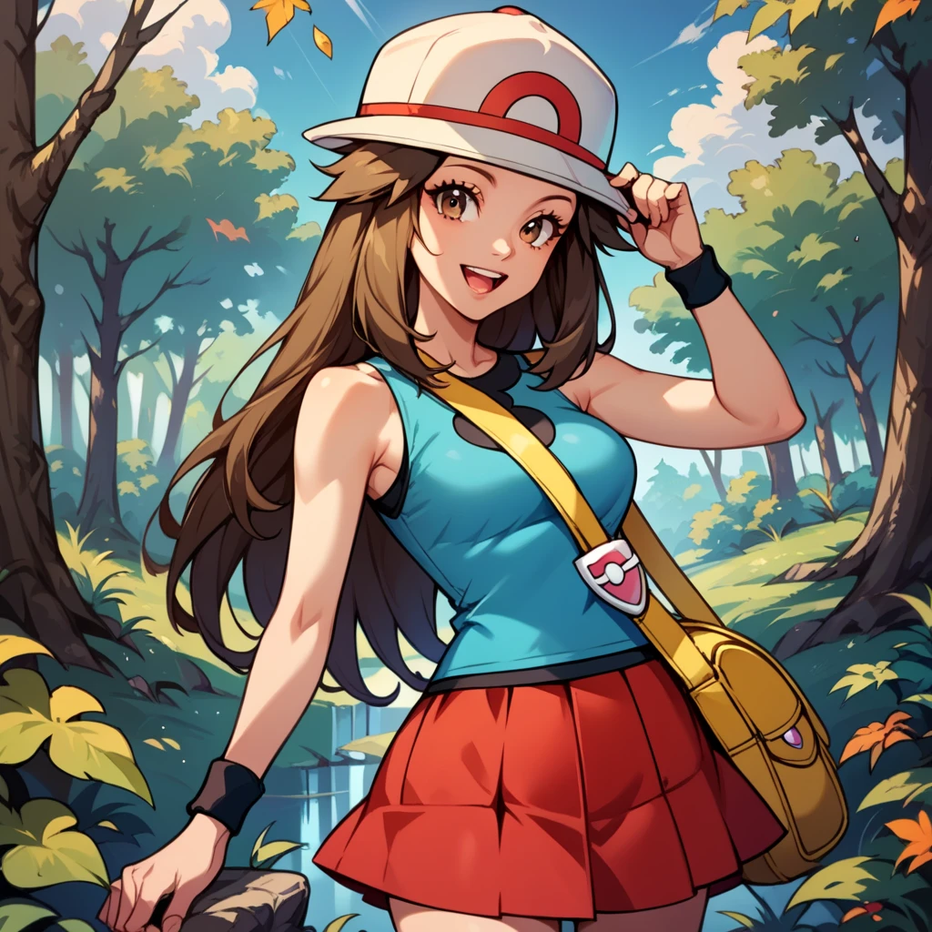 score_9, score_8_up, score_7_up, score_6_up, best quality, source_anime, cel shading, flat color, vector, detailed background, blue background, clouds, trees, forest, BREAK 1girl, solo, leaf_(\pokemon\), brown hair, long hair, brown eyes, white hat, blue sleeveless shirt, red skirt, blue socks, yellow duffle bag, wristbands, medium breasts, cowboy shot, looking at viewer, smile, open mouth, teeth, one hand on hat, 