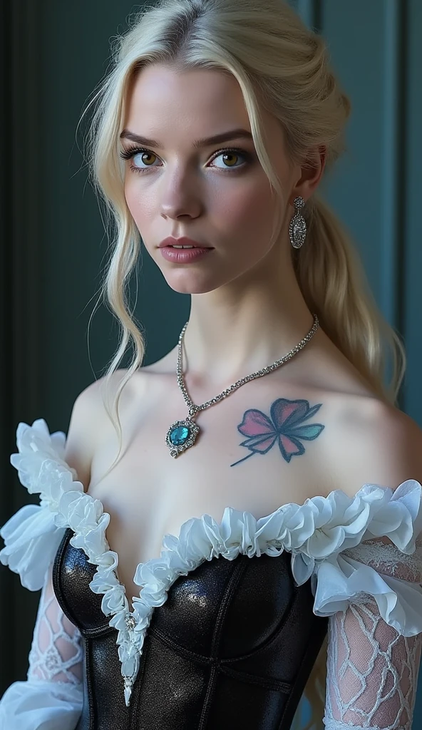 A stunning portrait of Elsa, young and beautiful, hyper realistic, real portrait, backlit, exquisite features, cleavage:1.2, Upper body, Crystal-encrusted Human swedish girl, straddling, The white skin is inlaid with transparent crystal, ((lens)), The structure is made of crystals, Hourglass body, (((slim body))), sexy, (full bottom black), bioluminescent tattoos, cinematic lighting, ((intricate details, Masterpiece, Best quality)). invisible fabric, visible vagina, visible nipples:1.3