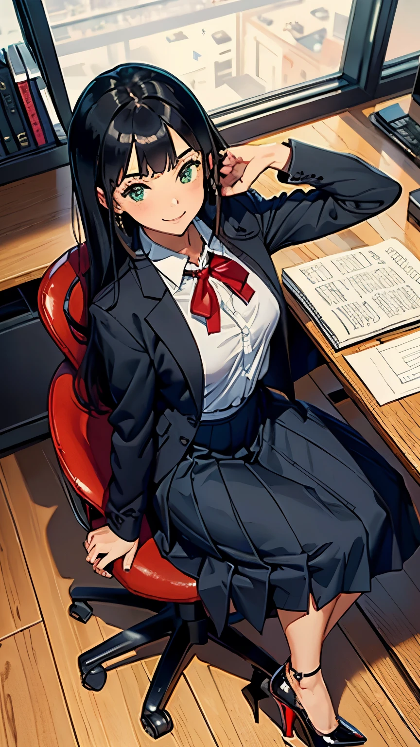    ((masterpiece, high resolution, better quality, better details)), ((Smiling)), ((one girl)) a girl sitting at a large wooden desk, full body, wearing a pleated maxi skirt, long skirt, ((long skirt without openings)), paired with a fitted cardigan, ((Louboutin high heels)), green eyes, ((black hair, long hair)), shiny skin, ((top view)), solo, from above, full body, focus full body, in a stylish office, writing in a notebook