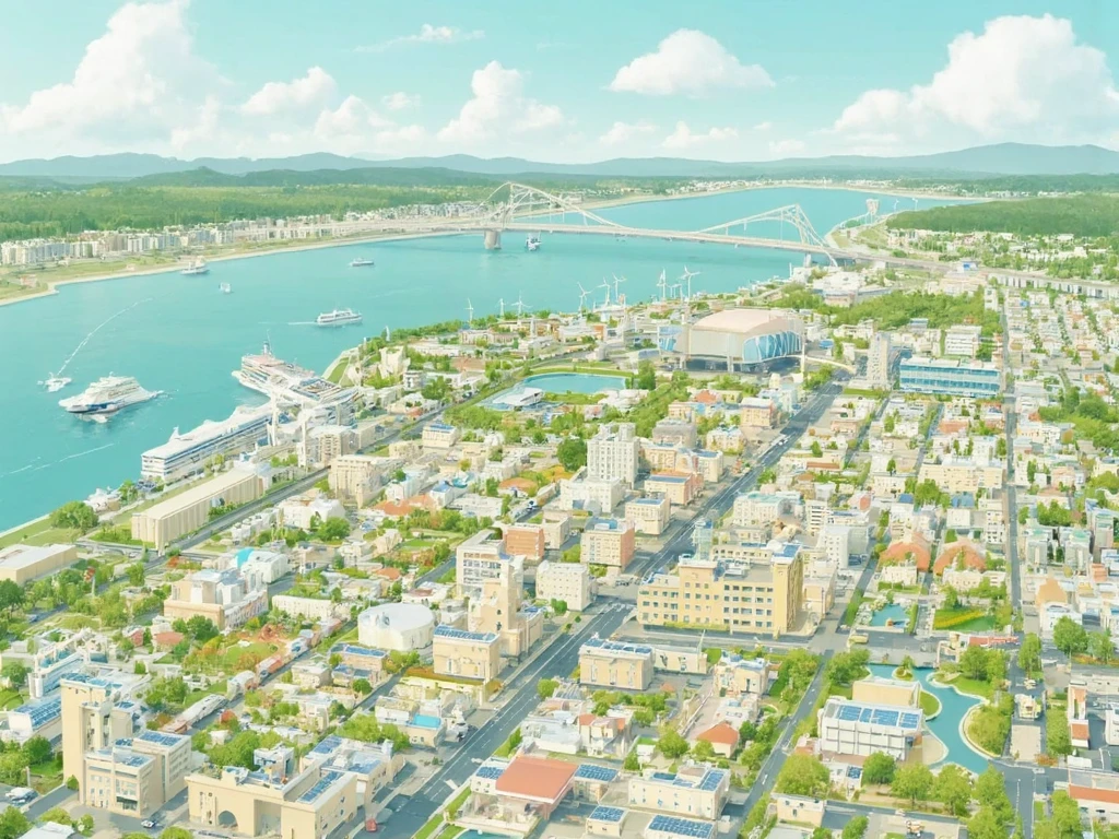 A vibrant, isometric, city map of Kobe, Japan. A light, cheerful, and slightly impressionistic style. A mix of residential buildings, commercial structures, and industrial facilities. Bright, light blue sky with scattered white clouds. A large body of water, light teal-blue, that curves along the city's edge (representing the Seto Inland Sea). Various transportation elements are present, including a bridge, trains (possibly a monorail), buses, cars and trucks. Multiple parks, playgrounds, and open green spaces are interspersed throughout. The buildings are designed in a way that emphasizes flat, clean lines and are stylized with a light color palette mainly of muted beige-white for buildings and light greens for the vegetation, with some buildings having distinct roofs and solar panels. There are wind turbines. A cruise ship is docked as well as various factories/industrial buildings with solar panels. A large stadium/arena is also included. A modern cityscape interspersed with a more suburban residential area. The image evokes a sense of calm, urban development, well-integrated environmentally-friendly technologies, and a general sense of prosperity. The colours are pastel and bright, contrasting nicely with the pale blue sky. A light warm day with soft, diffused light. A plane in the sky and the shadows of structures are visible. Flat design.8bit