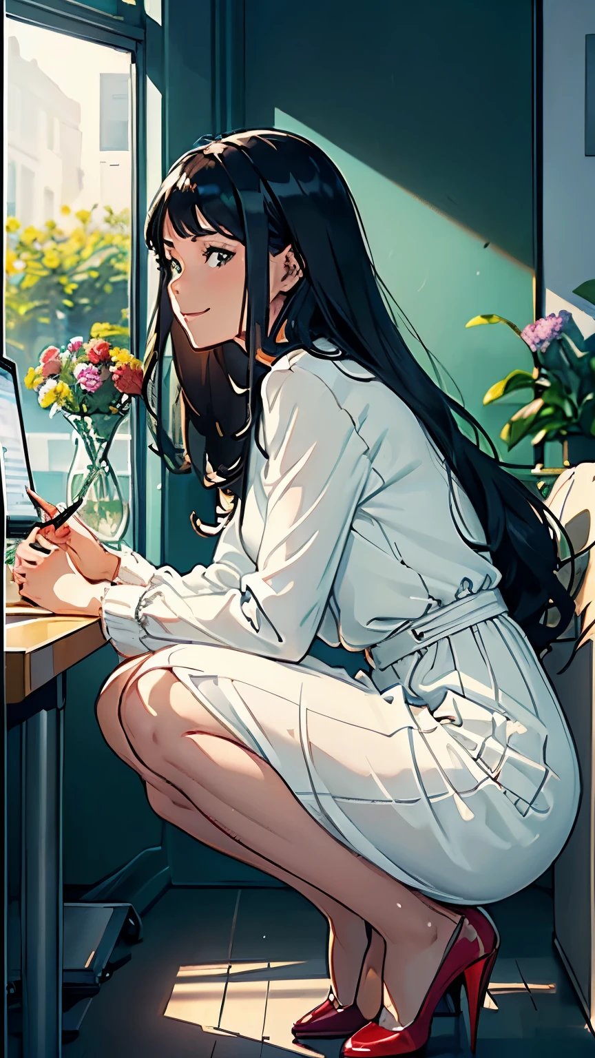    ((masterpiece, high resolution, better quality, better details)), ((Smiling)), ((one girl)) a girl sitting at a large wooden desk, full body, wearing a pleated maxi skirt, long skirt, ((long skirt without openings)), paired with a fitted cardigan, ((Louboutin high heels)), green eyes, ((black hair, long hair)), shiny skin, ((top view)), solo, from above, full body, focus full body, in a stylish office, writing in a notebook