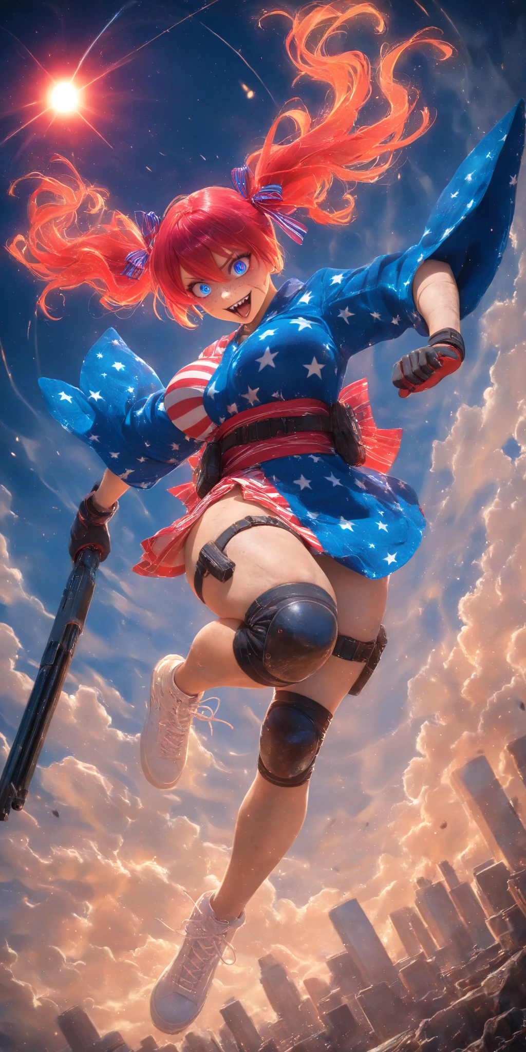 1girl\(american,(red hair),twin tails, frilled hair ribbon,tatoo,(Freckles),(Muscular), big blue eyes,beautiful eyes,big breast,wearing beautiful yukata\(american flag\(Stars and stripes\) design\),holding shotgun, shooting, Grenades exploding, gun belts, wavy hair long hair,floating hair, (scar on face),open mouth,smile, sharp teeth, tongue,dynamic action, dynamic angle, spiral mad eyes,gloves,knee pads,under armer\) at (kyoto japan), so many (zombie around), apocalips, dooms day,red black sun. BREAK .quality\(8k,wallpaper of extremely detailed CG unit, high resolution, top-quality, top-quality real texture skin, hyper realistic, increase the resolution, RAW photos, best quality, highly detailed, the wallpaper, golden ratio, high saturation realism, vibrant colors, dramatic lighting, persuasive storytelling, atmospheric scenery, captivating visuals, intricate details, strong emotions, dreamlike world\),dynamic angle,dutch angle,action movie,cityscape of kyoto