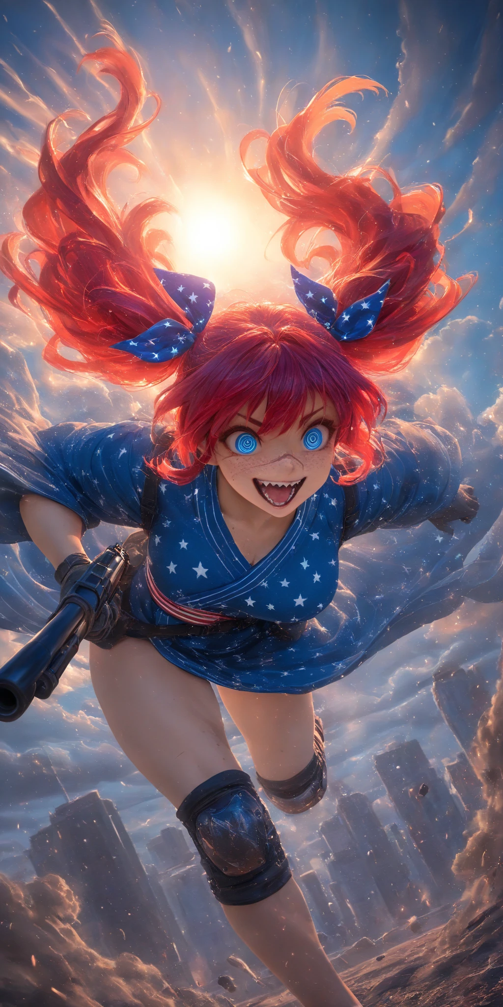 1girl\(american,(red hair),twin tails, frilled hair ribbon,tatoo,(Freckles),(Muscular), big blue eyes,beautiful eyes,big breast,wearing beautiful yukata\(american flag\(Stars and stripes\) design\),holding shotgun, shooting, Grenades exploding, gun belts, wavy hair long hair,floating hair, (scar on face),open mouth,smile, sharp teeth, tongue,dynamic action, dynamic angle, spiral mad eyes,gloves,knee pads,under armer\) at (kyoto japan), so many (zombie around), apocalips, dooms day,red black sun. BREAK .quality\(8k,wallpaper of extremely detailed CG unit, high resolution, top-quality, top-quality real texture skin, hyper realistic, increase the resolution, RAW photos, best quality, highly detailed, the wallpaper, golden ratio, high saturation realism, vibrant colors, dramatic lighting, persuasive storytelling, atmospheric scenery, captivating visuals, intricate details, strong emotions, dreamlike world\),dynamic angle,dutch angle,action movie,cityscape of kyoto