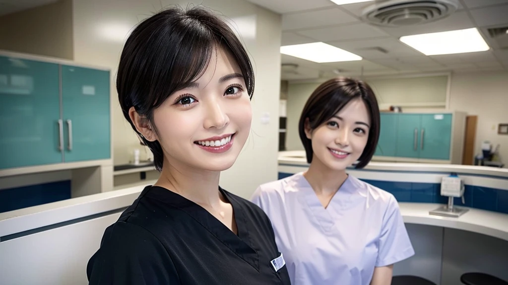 ((top-quality、8K、​masterpiece:1.3))、sharp:1.2、Perfect Body Beauty:1.4、Slim abs:1.2、Big、Beautiful face、A smile、((Nurse:1.3))、(hospital room background:1.2)、Straight hair、Highly detailed facial and skin texture、A detailed eye、Aspect of looking at the camera、
