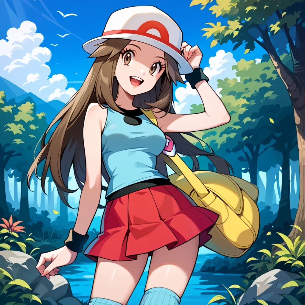 score_9, score_8_up, score_7_up, score_6_up, best quality, source_anime, cel shading, flat color, vector, detailed background, blue background, clouds, trees, forest, BREAK 1girl, solo, leaf_(\pokemon\), brown hair, long hair, brown eyes, white hat, blue sleeveless shirt, red skirt, blue socks, yellow duffle bag, wristbands, medium breasts, cowboy shot, looking at viewer, smile, open mouth, teeth, one hand on hat, 