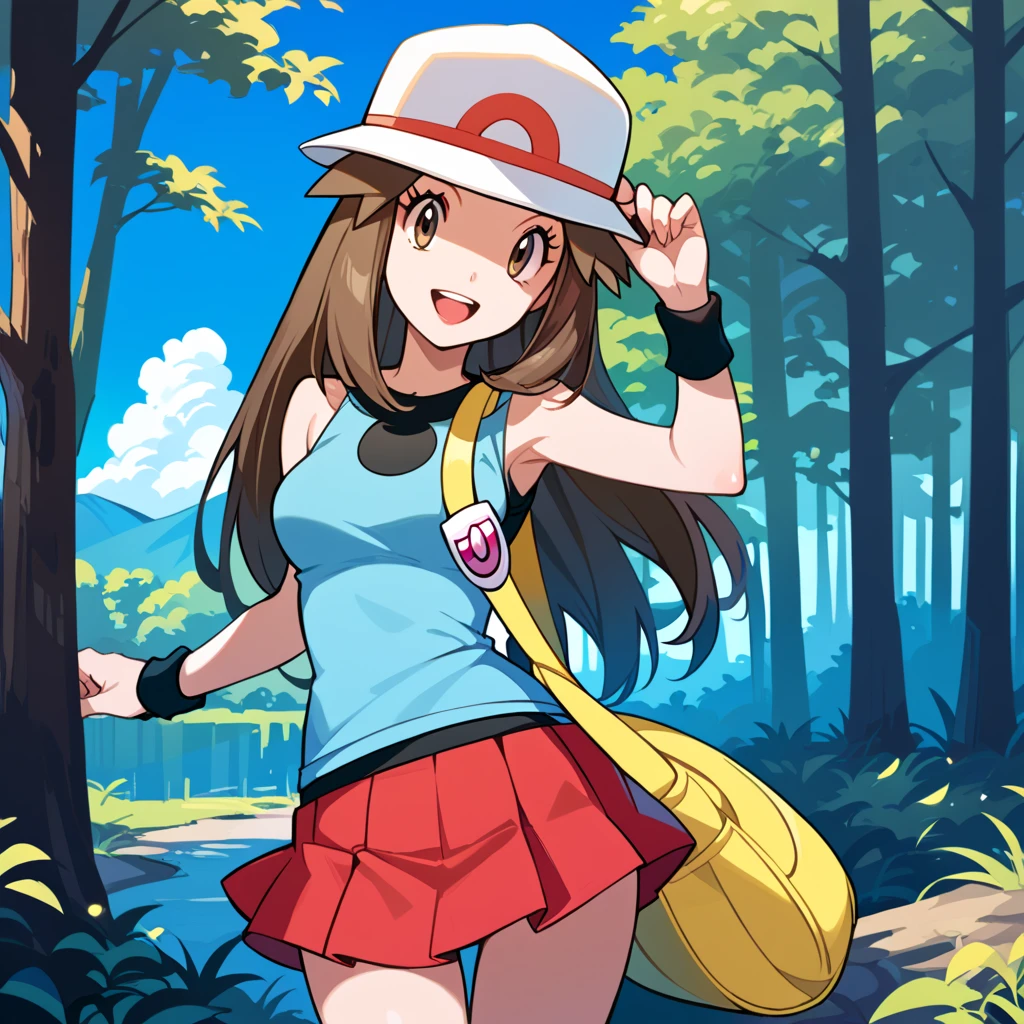 score_9, score_8_up, score_7_up, score_6_up, best quality, source_anime, cel shading, flat color, vector, detailed background, blue background, clouds, trees, forest, BREAK 1girl, solo, leaf_(\pokemon\), brown hair, long hair, brown eyes, white hat, blue sleeveless shirt, red skirt, blue socks, yellow duffle bag, wristbands, medium breasts, cowboy shot, looking at viewer, smile, open mouth, teeth, one hand on hat, 