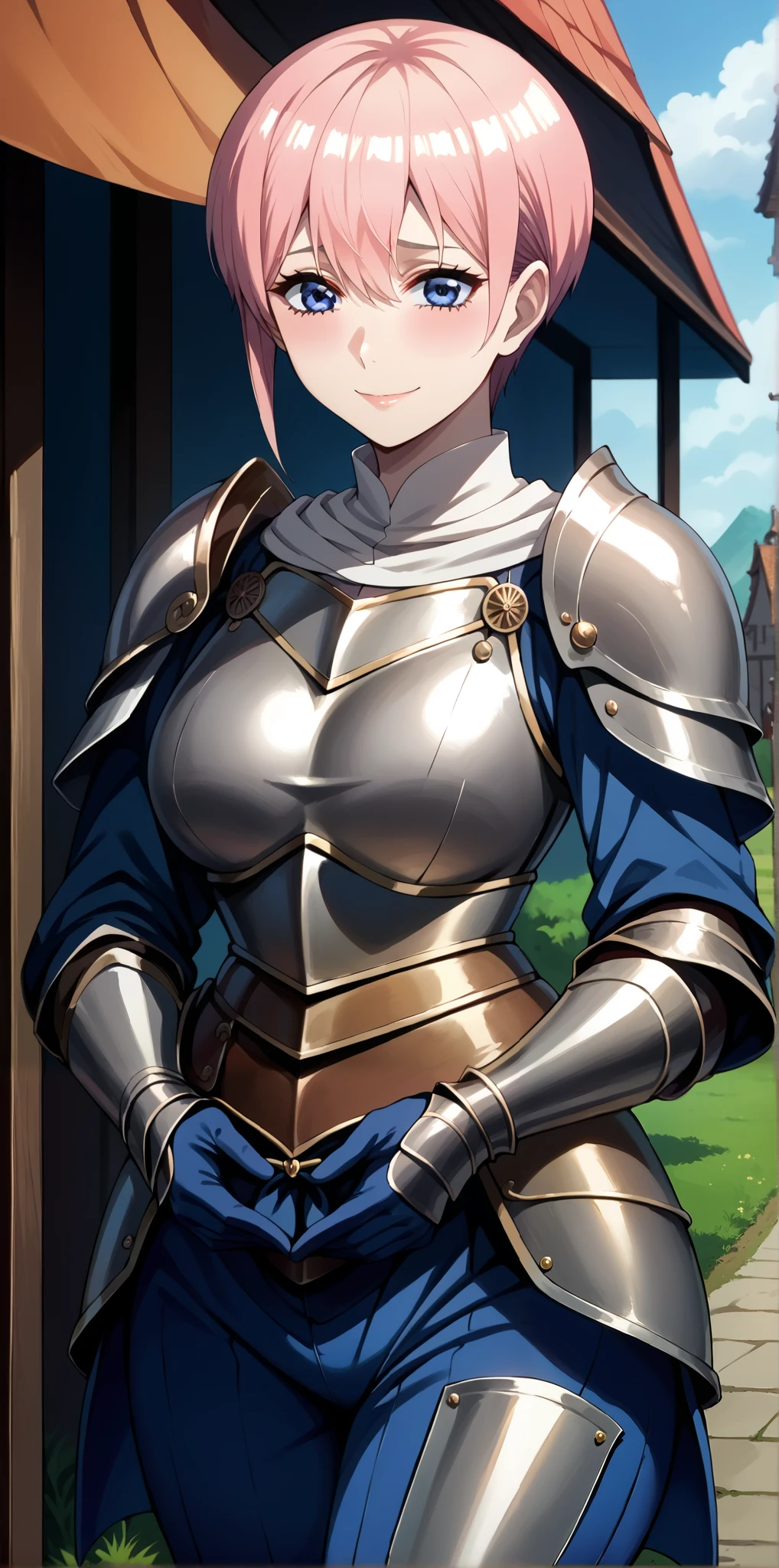 score_9, score_8_up, score_7_up, source_anime, 4K,perfect fingers,(perfect hands, perfect anatomy),
1girl,ichikanakano, ichika nakano, short hair, bangs, blue eyes, hair between eyes, pink hair, pixie cut, smile, mature female, Large Breast,
wearing (((medieval armor))),,
Wide hips, Gargantuan butt, Sensual woman, mature female, milf, motherly, Embarrassed, shy, seductive,